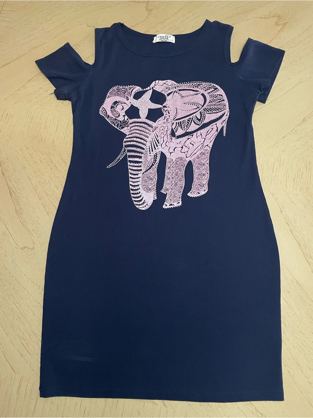 Julia Navy Cold Shoulder Elephant Bling T-Shirt Mini Dress L/XL